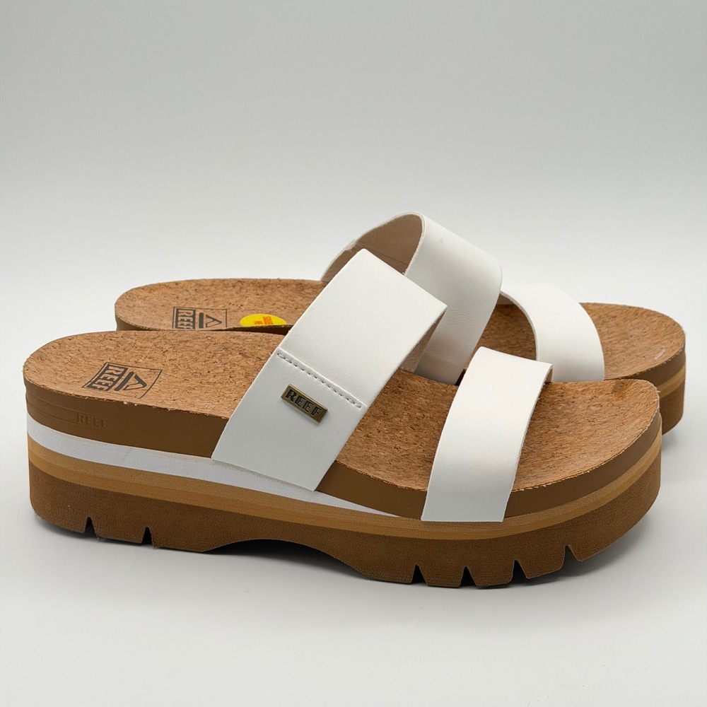 Reef Cushion Vista Hi 2.5 Sandals Womens 9 White Platform Slides Comfort Walking